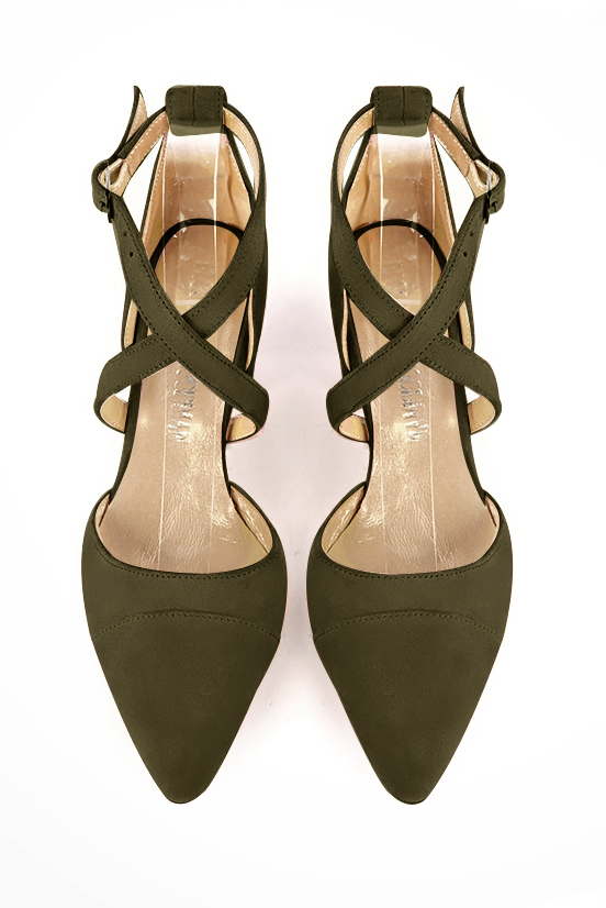 Khaki green women's open side shoes, with crossed straps. Tapered toe. Medium comma heels. Top view - Florence KOOIJMAN